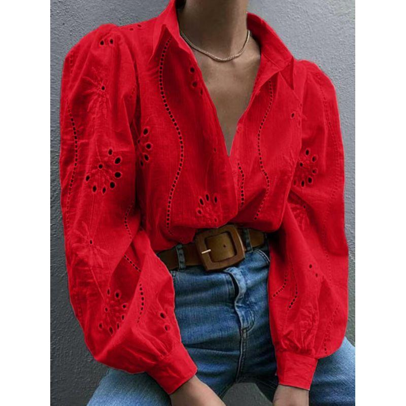 

Fashion Wind New Arrival Fashion Hollowed-out Puff Sleeves Cardigan Top Loose Hollowed out Shirt Top Red L