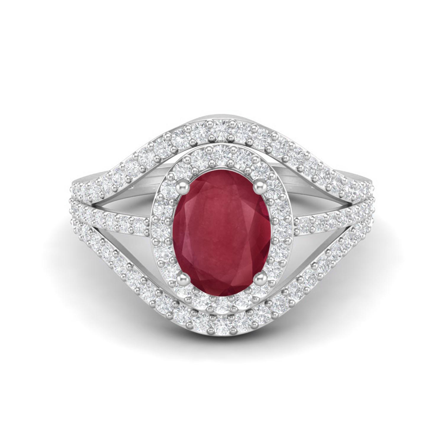 2.62 Cts Oval Shape Solitaire Ruby Halo Three Layer 925 Sterling Silver Women Wedding Ring 7