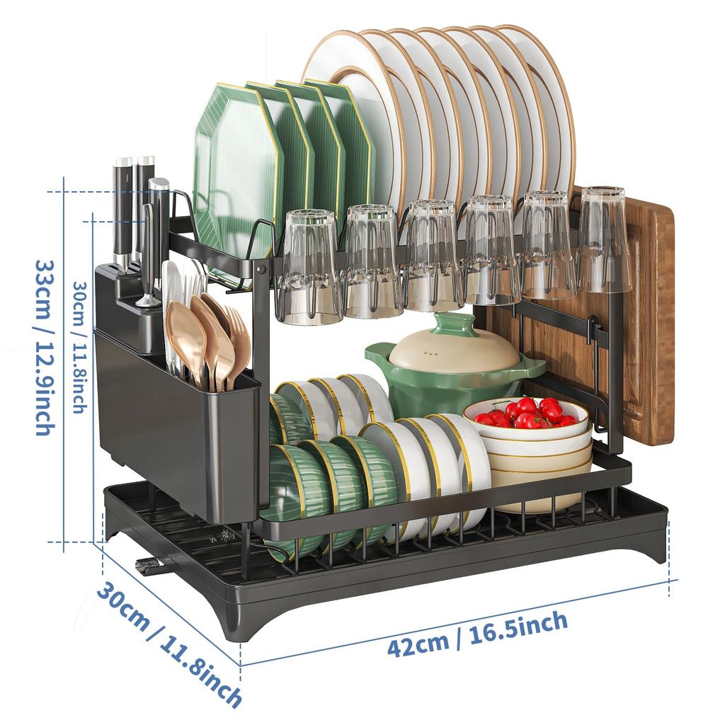 2 Tier Dish Drying Rack Kitchen Bowl Drainer Storage Rack Tableware Drain Chopsticks Knife Fork Water Cup Storage Holder 2 Tier