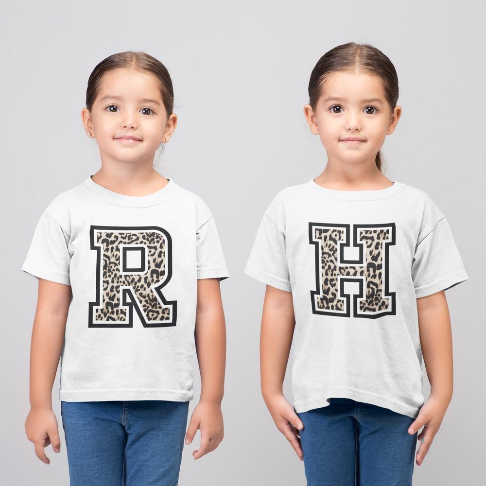 

Girls White Leopard Print Letter Birthday Gift T-Shirt Initial Alphabet 3XL