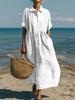 European and American New Women's Long Dress Casual Loose Lapel Button Pleated Short Sleeve Cotton and Linen Dress Women