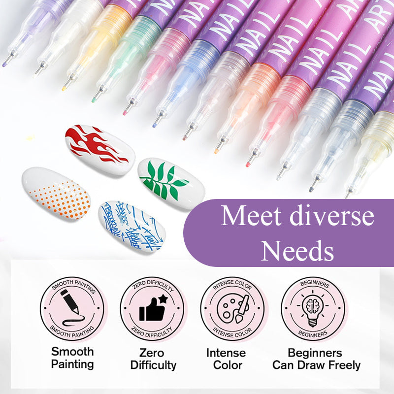 12 Colors Essentials Nail Art Pens Set Spring Summer Quick Dry Nail Polish Pens for Nail Art Design Drawing Liner Tools
