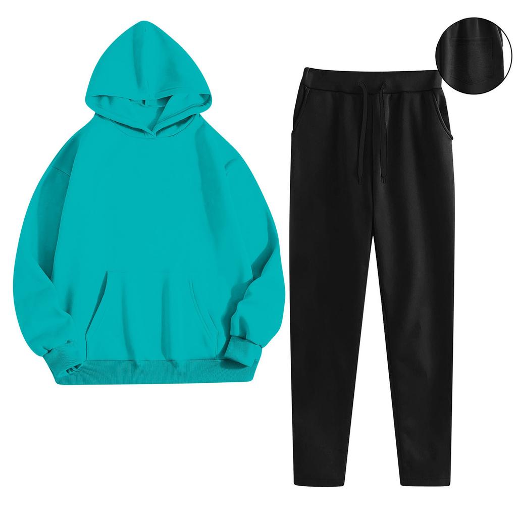 Women's Fashionable Relaxed-Fit Hooded Sweatshirt With Pockets And Fleece-Lined Trousers Set