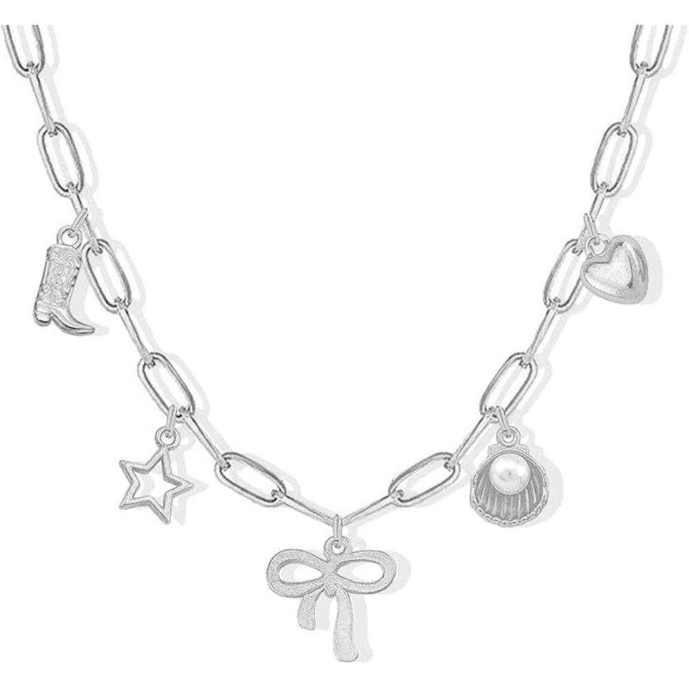 Paper Clip Necklace Bow Pentagram Shell Pearl Love Denim Boots Necklace