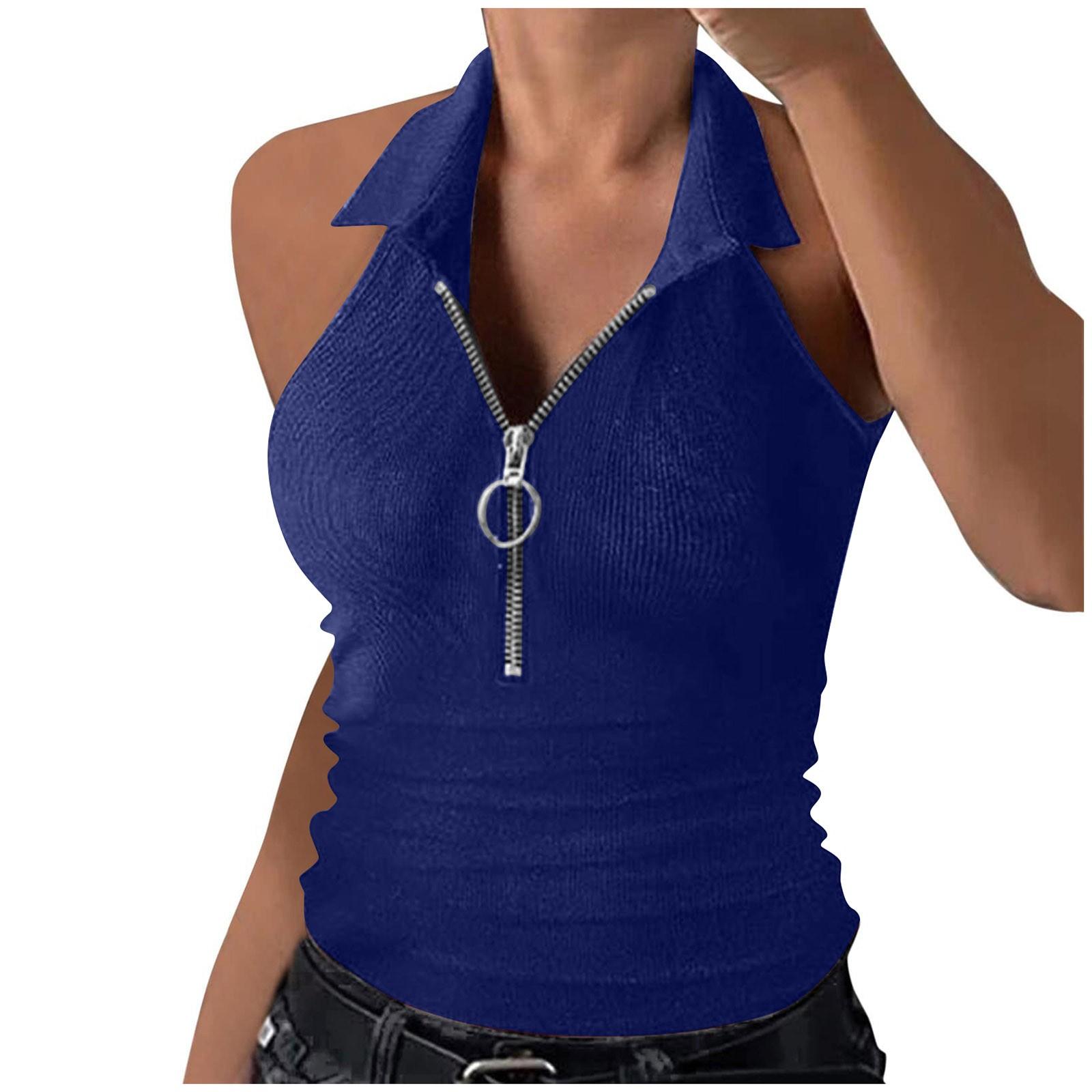 

Женский жилет с воротником, летняя майка, ребристая, на половину молнии, с V-образным вырезом, тонкая укороченная рубашка без рукавов M синий