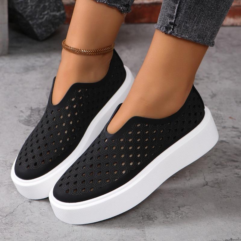 Thick Soled Hollow Breathable Low Top Single Shoe for Women, V-mouth Sponge Cake Set Foot Board Shoes