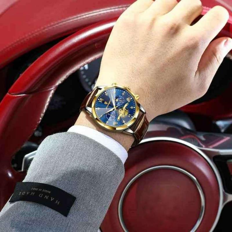 Luxury Men Wristwatch Quartz Waterproof Luminous Moon Phase Chronograph Leather Man Watch Male Reloj