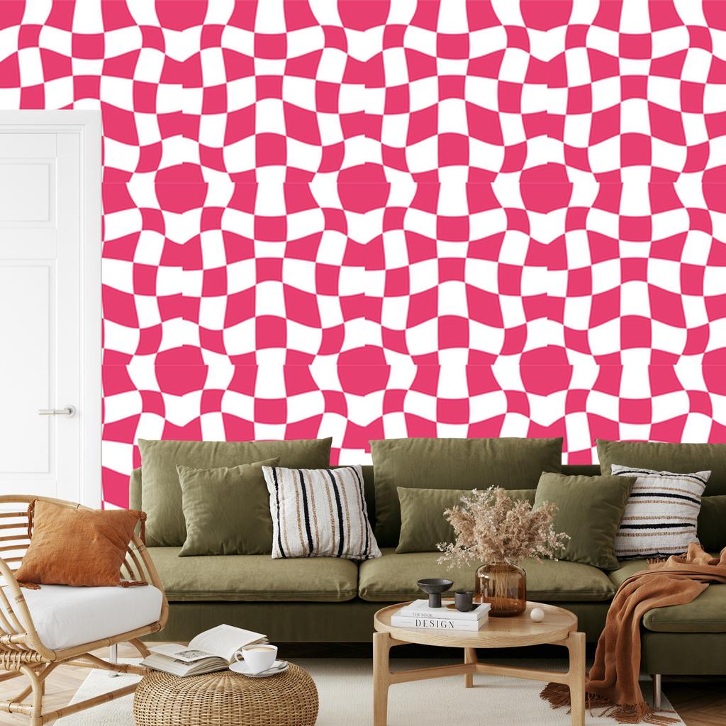 Wallpaper Casual checkerboard of pink, white and powder pink 50x1000