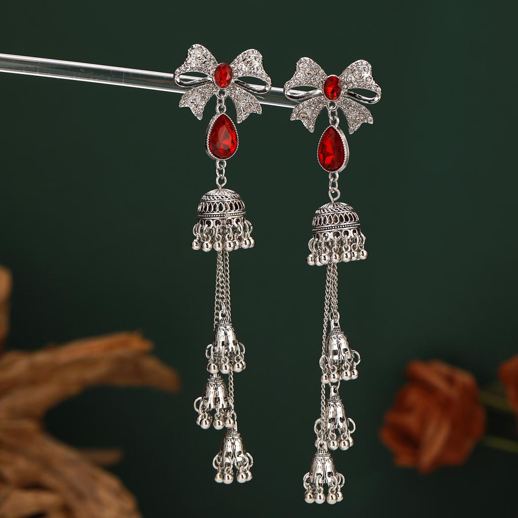 Bow-Set Diamond-Fringed Wind Chime Earrings For Women, Retro Ethnic Feng Shui Drop Elegant Temperament Earrings