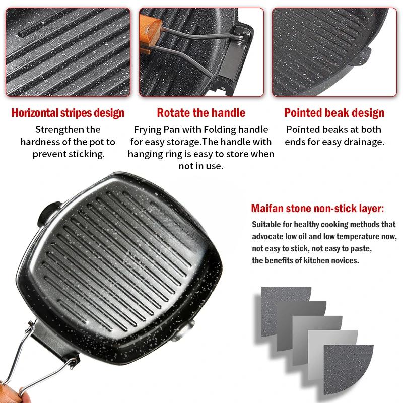Sartén para carne, parrilla portátil antiadherente de hierro fundido, plancha cuadrada profunda con asas de madera plegables.