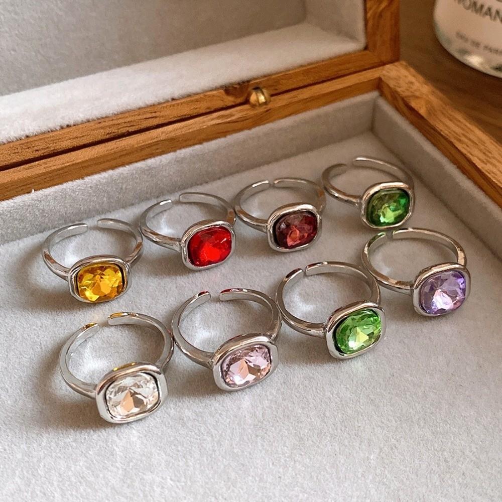 8Pcs Metal Square Open Ring Set Crystal Inlaid Geometric Rings Retro Finger Open Rings Gifts серебряный