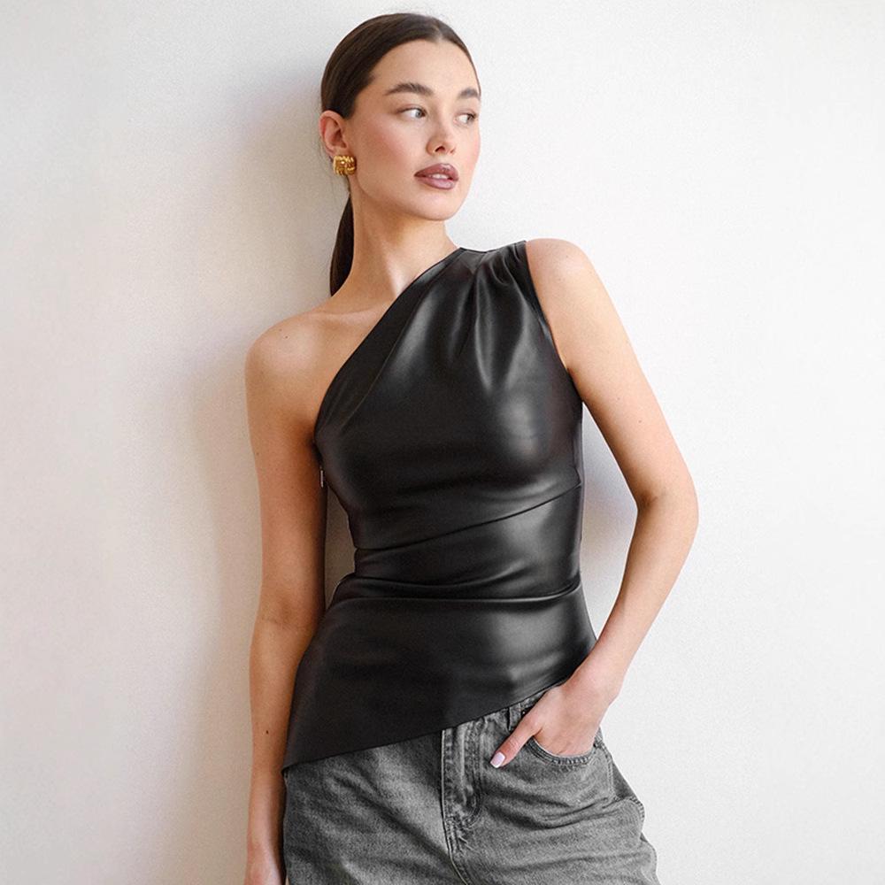 Y24TP426 Women's Solid Color Sleeveless One-Shoulder T-Shirt with Oblique Collar and Zipper