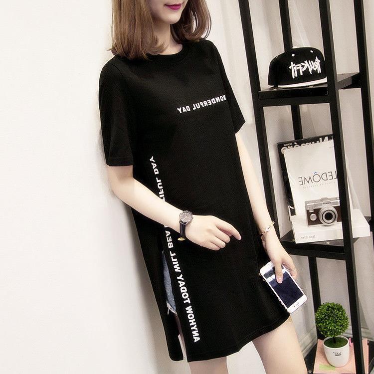 

Длинные футболки с принтом, летние женские свободные топы с разрезом, женские футболки с коротким рукавом S