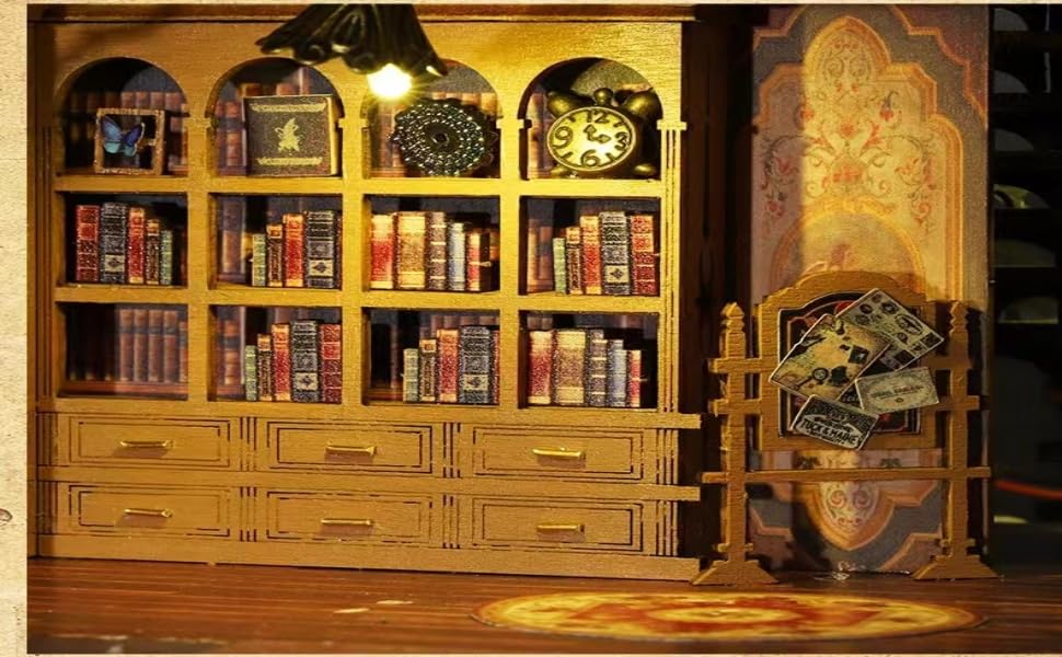 FSEARRT Puppenhaus DIY Bausatz Miniatur Puppenhaus Wohnzimmer Entspannungsartikel Buchhandlung Set, Bausatz, Deko, Geschenk, (Dämmerung (Staubdichtes Gehäuse))