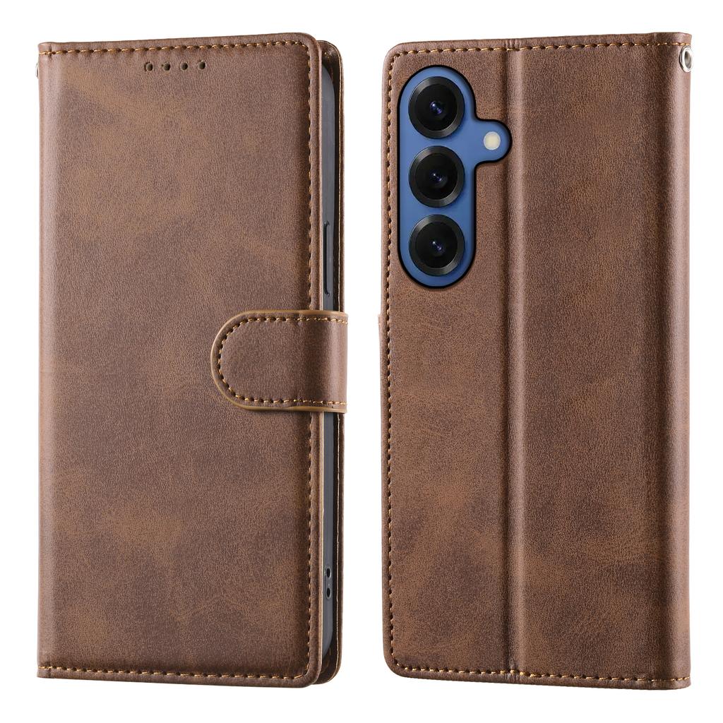 For Samsung Galaxy S26+ Case Stand Wallet Calf Texture PU Leather Flip Phone Cover with Wrist Strap