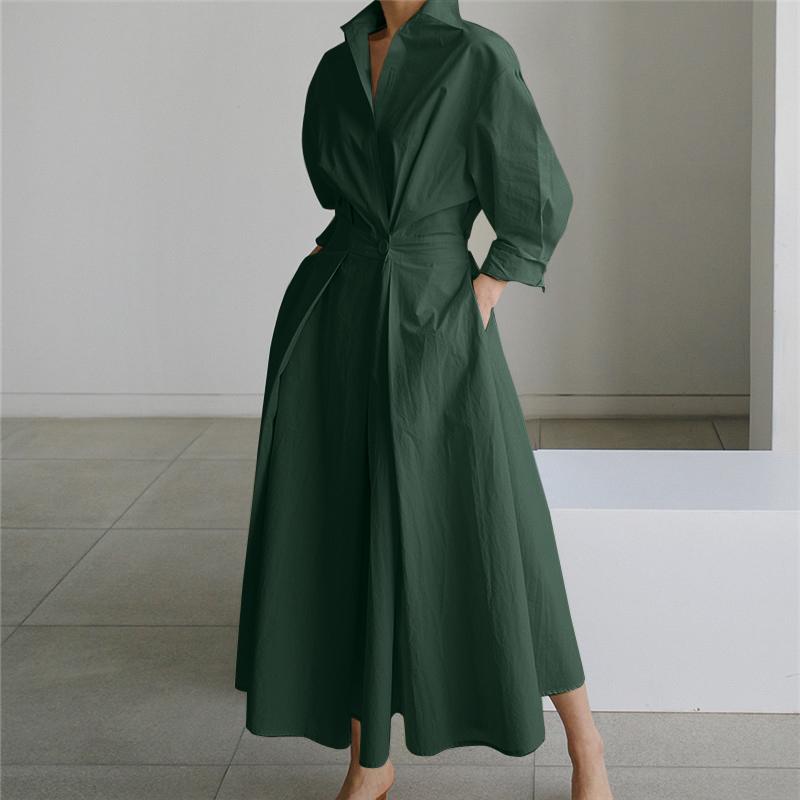 Women Casual Turn Down Collar Long Sleeve Loose Long Dress
