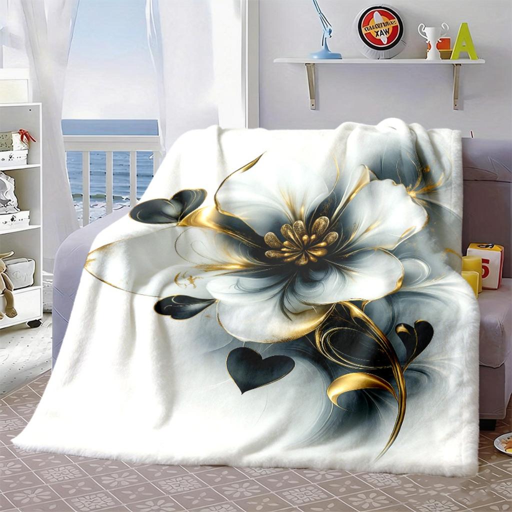 2026 New Arrivals Luxury Elegant Floral Blanket Black White Golden Gray Plush AllSeason Soft Throw, Contemporary Luxury Bedspread for Valentine's Moth