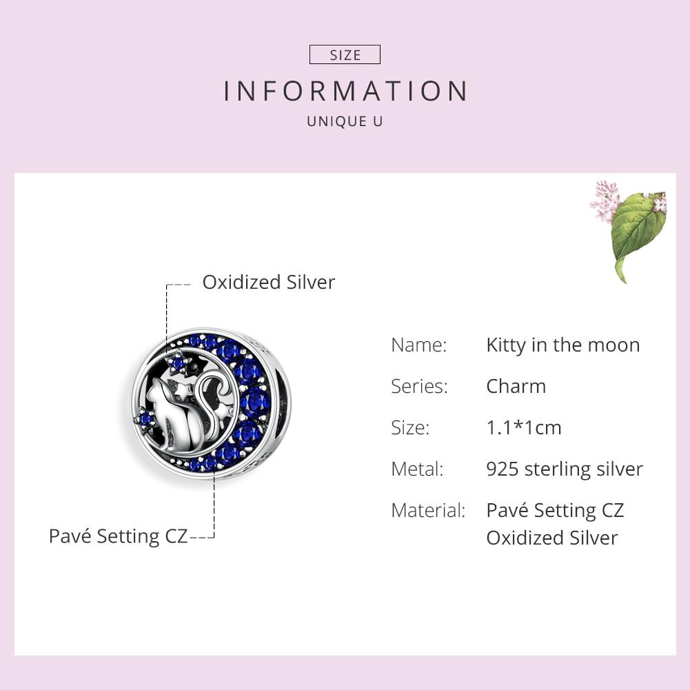 BAMOER 925 Sterling Silver Beads Blue Moon Naughty Cat Pet Charms for Original Bracelet Bangle DIY Jewelry