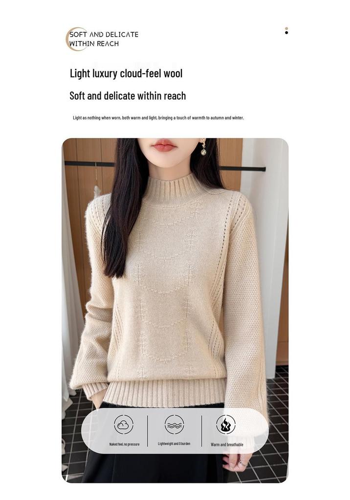 2026 Autumn/Winter Pure Wool Thickened Knitwear: Women's Long Sleeve Hollow Sweater with Half-High Collar