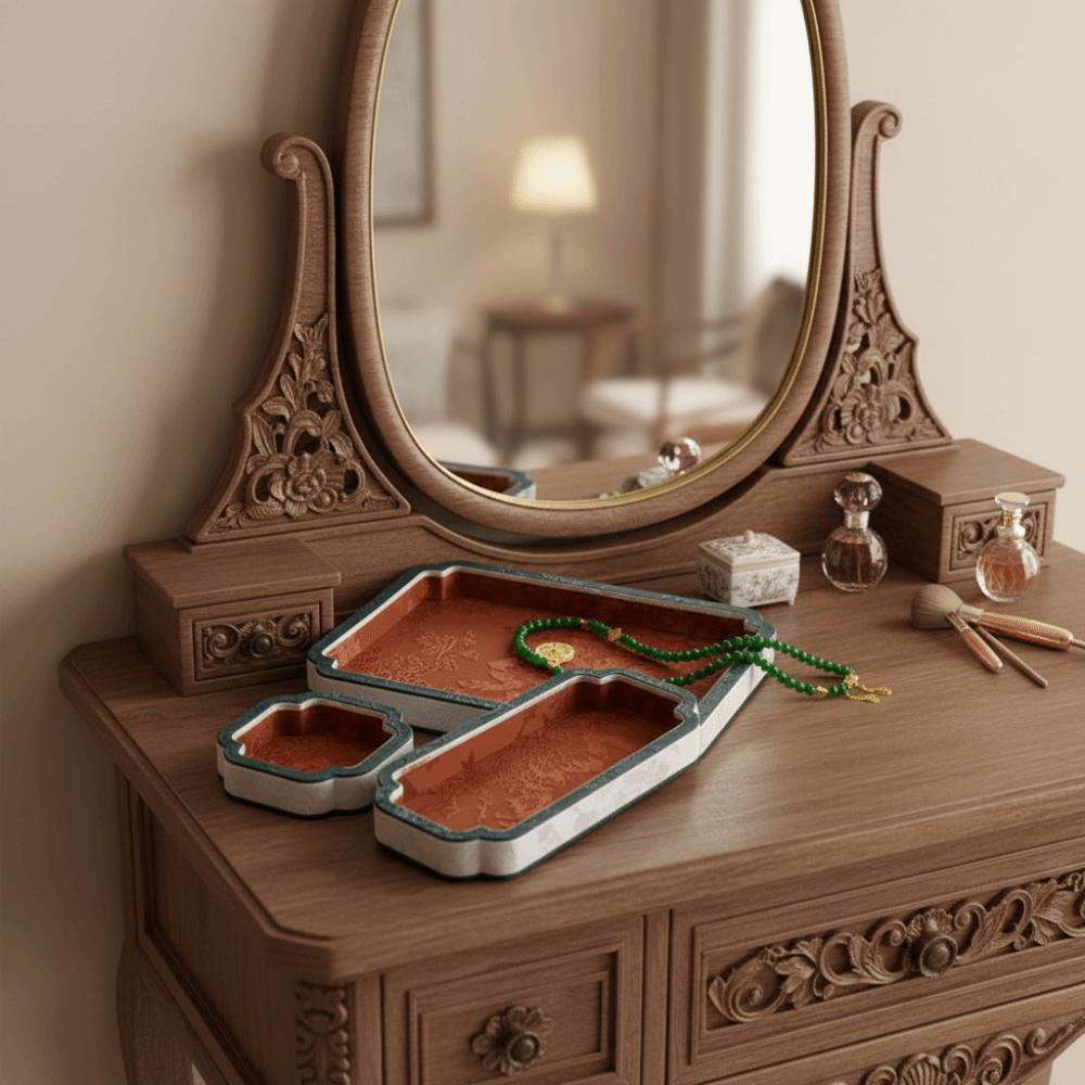Chinese Vintage Court-Style Jewelry Storage Tray Flower Pattern Rectangular Jewelry Display Tray Satin Surface Jewelry Showcase