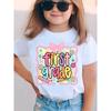 European Size Girls School Season Crew Neck Short Sleeved T Shirt with Bow Tie and Flower Pattern