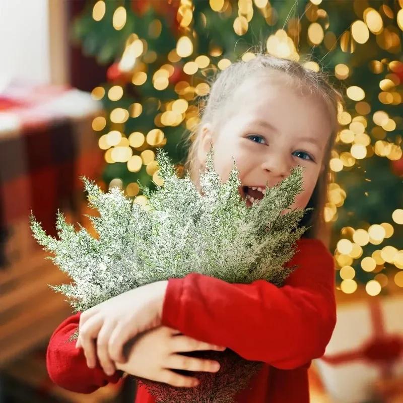 Artificial Frosted Pine Branches Christmas Plastic Fake Snow Sprigs Pine Leaves DIY Wreath Xmas Tree Ornaments Party Plant Decor