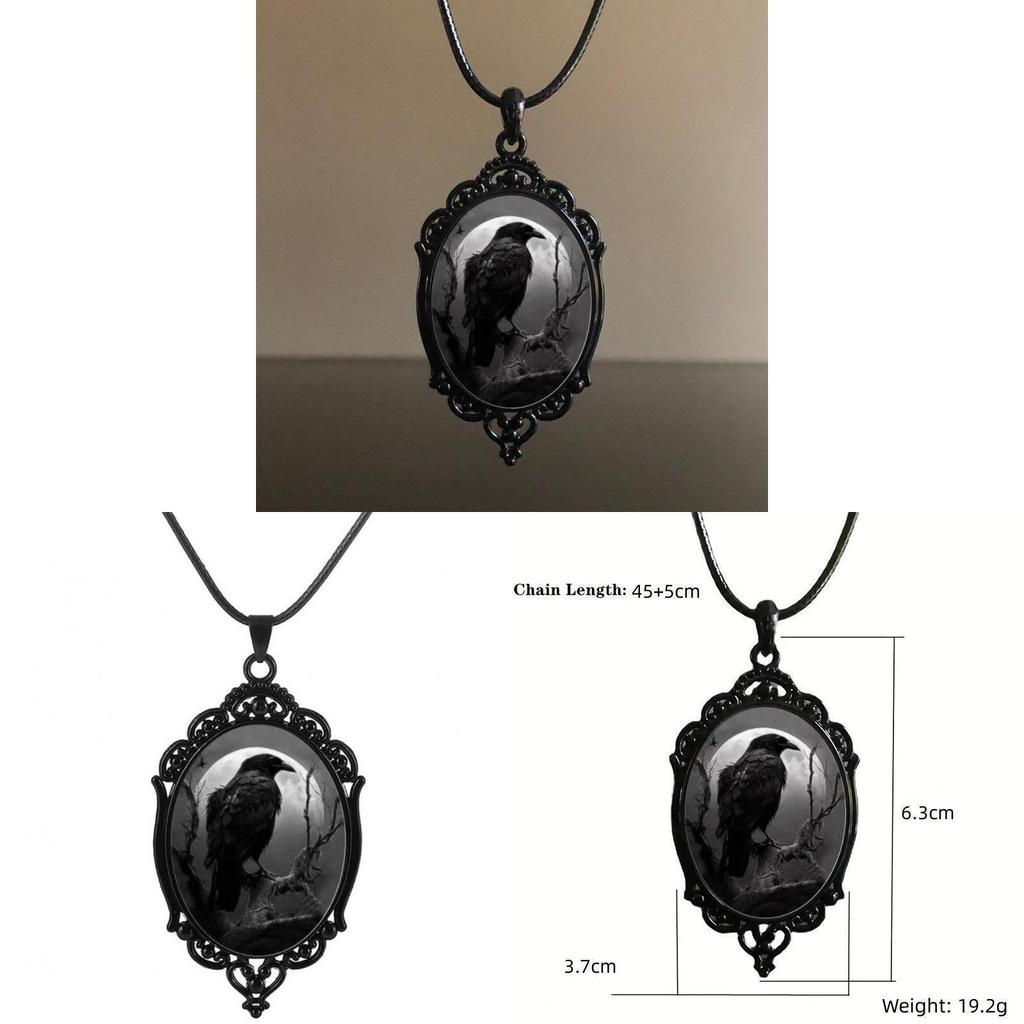 Gothic Crow Moon Glass Pendant Necklace For Women Fashion Jewelry