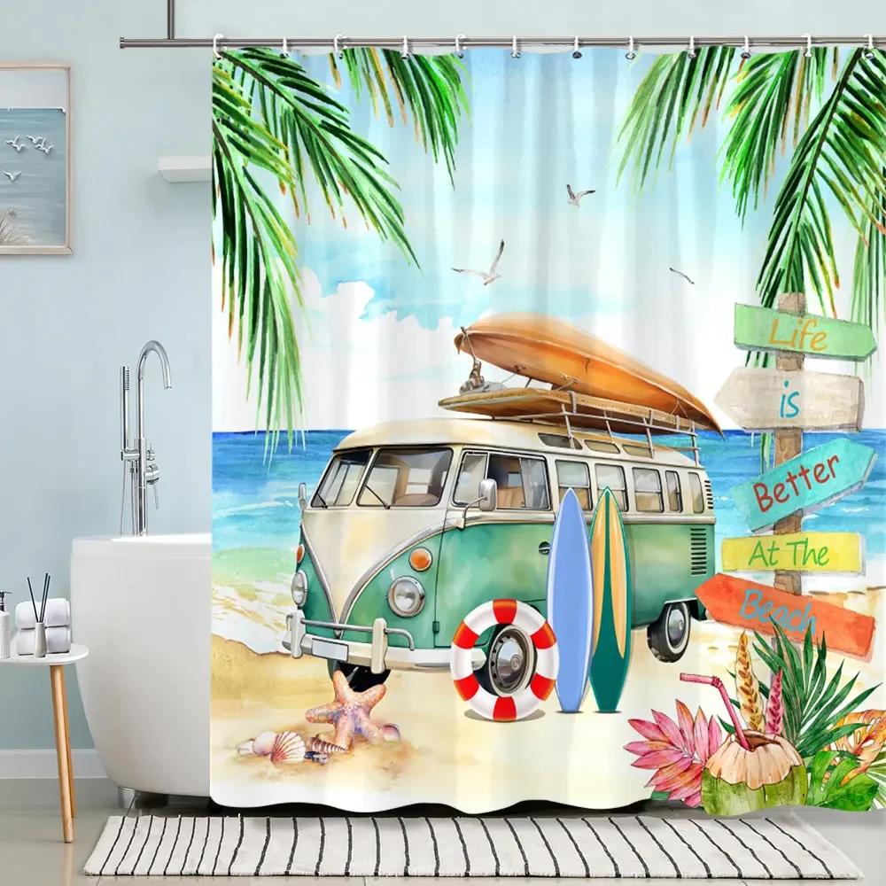 Turtle Shower Curtain Summer Beach Anchor Nautical Starfish Watercolour Art Creative Polyester Shower Curtains Bathroom Decor