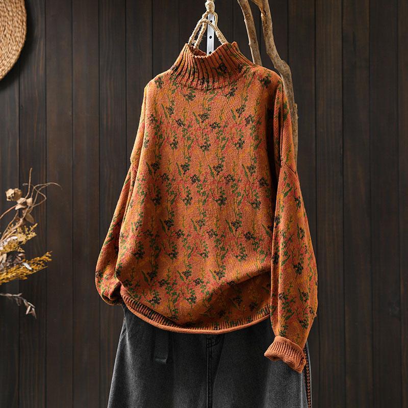 Women's Long Sleeve Turtleneck Sweater Mock Neck Floral Vintage Japanese Casual Pullover Knit Top