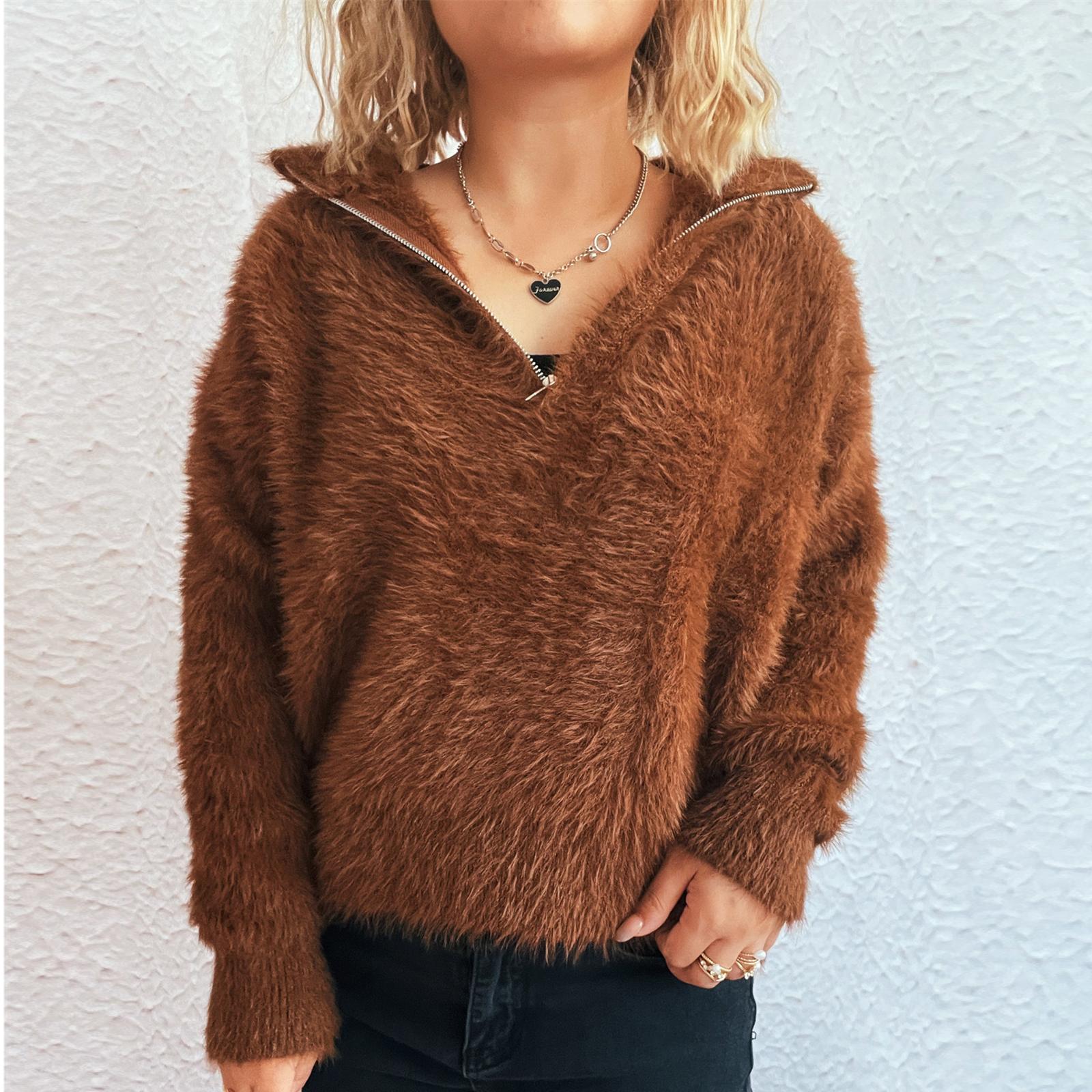 

Women s Solid Color Short Casual Lapel Half Zipper Knitted Fashionable Top Sweater S