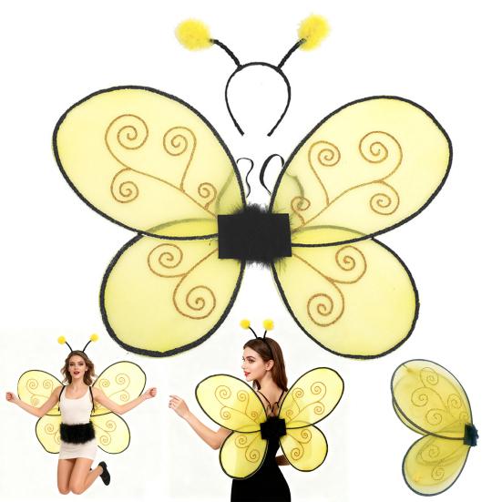 Halloween Bee Wing for Kids Boys Girls Yellow Mesh Wing Costume Animal Cosplay Headband for Fantasy Party Accessories