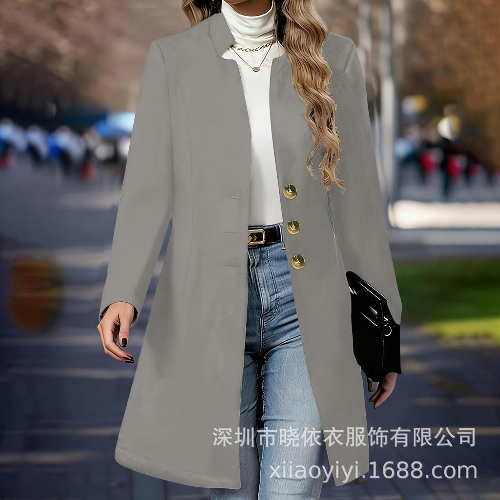 Cappotto Lungo in Lana da Donna con Collo Alto a Doppiopetto Autunno Inverno Colore Unico Ampio Lunghezza Media Blazer Capospalla