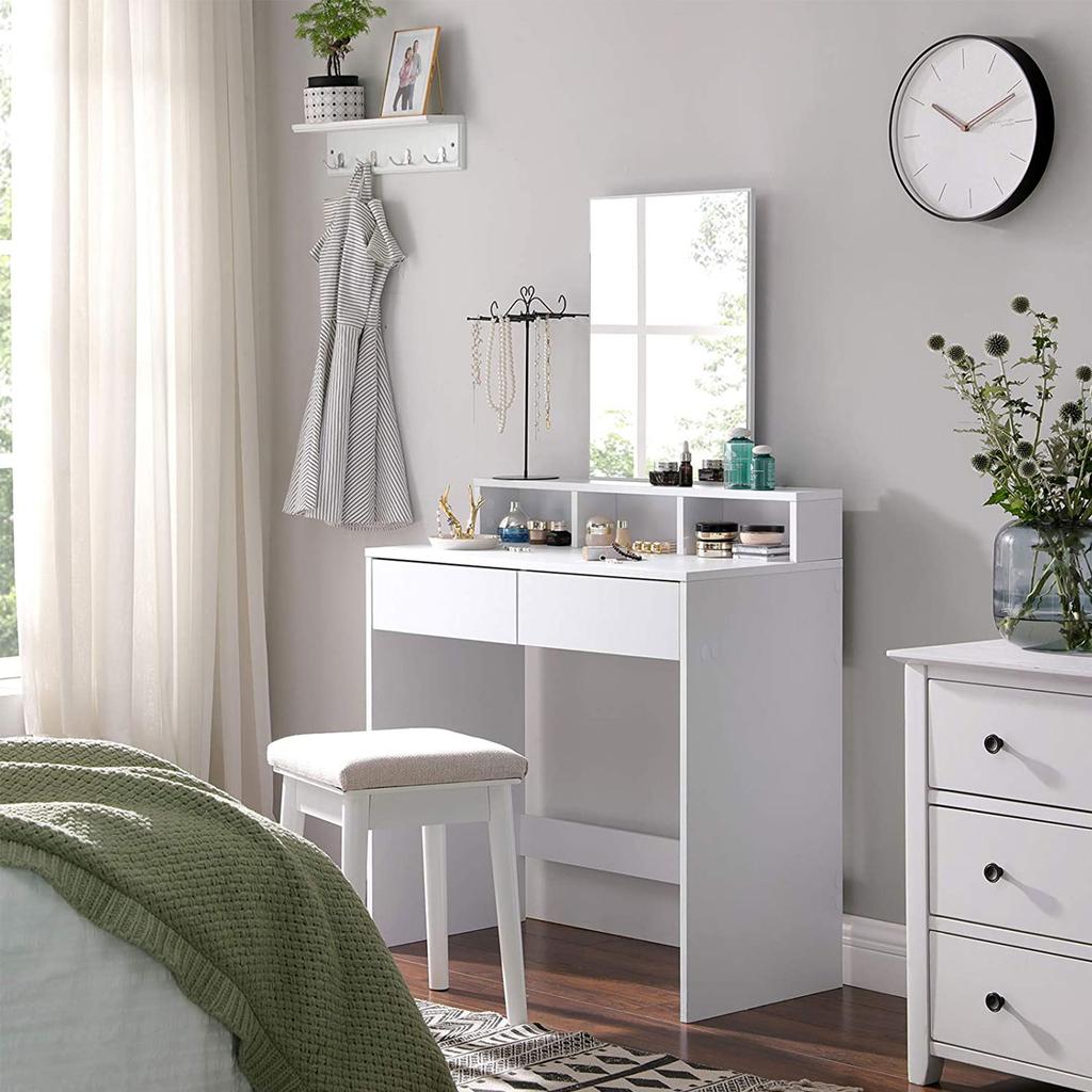 VASAGLE Dressing Table with Large Rectangular Mirror, Makeup Table with 2 Drawers and 3 Open Compartments, Vanity Table, Modern Style, White