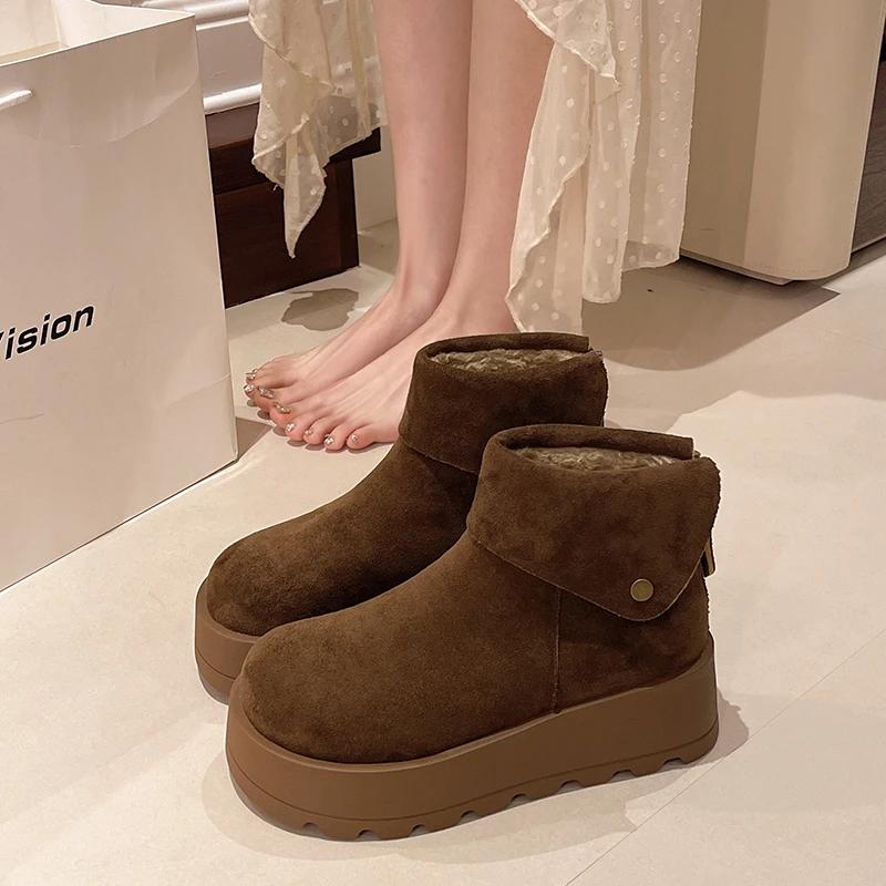 Fashion Winter New Thick Sole Cotton Boots Women's Fashion Round Head Suede Back Zipper Anti-slip Wear-resistant Short Boots