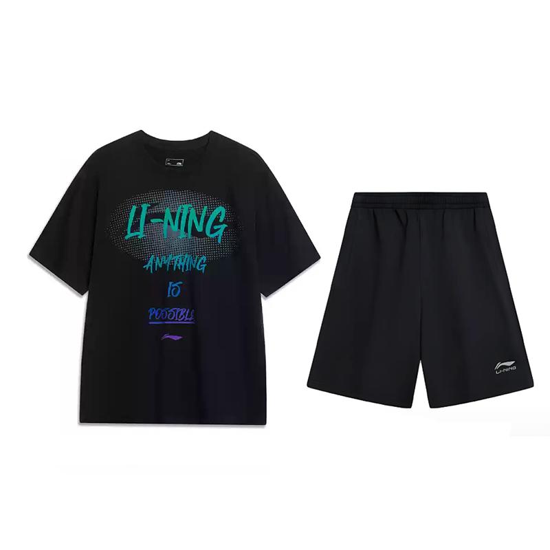 Li-Ning Letter Print Loose Short Sleeve T-Shirt Casual Sports Set Unisex Tops Black AHSU803-2+AKSV291-1