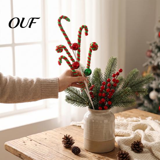 Festival Candy Cane Branch Christmas Pick, Red White Green Plush Stem, Festive Decor for Vase Filler, Wreath, Xmas Tree Decoration Filler