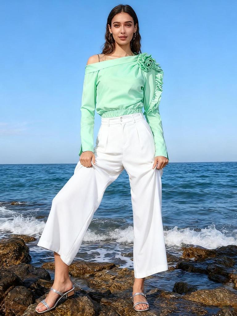 Elegant French Waist-Cinched Floral One-Shoulder Long-Sleeve Top for Spring 2026