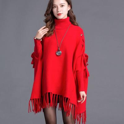 Bat Sweater Pullover Women Medium Long Sweater Spring and Autumn 2022 Loose Cloak Tassel Shawl Long Sleeve Solid Sweater Coat