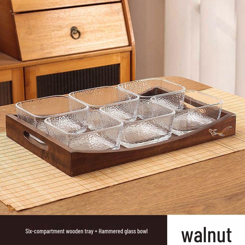 Luxury Glass Walnut Fruit & Snack Plate with Candy Compartments for Living Room Coffee Table