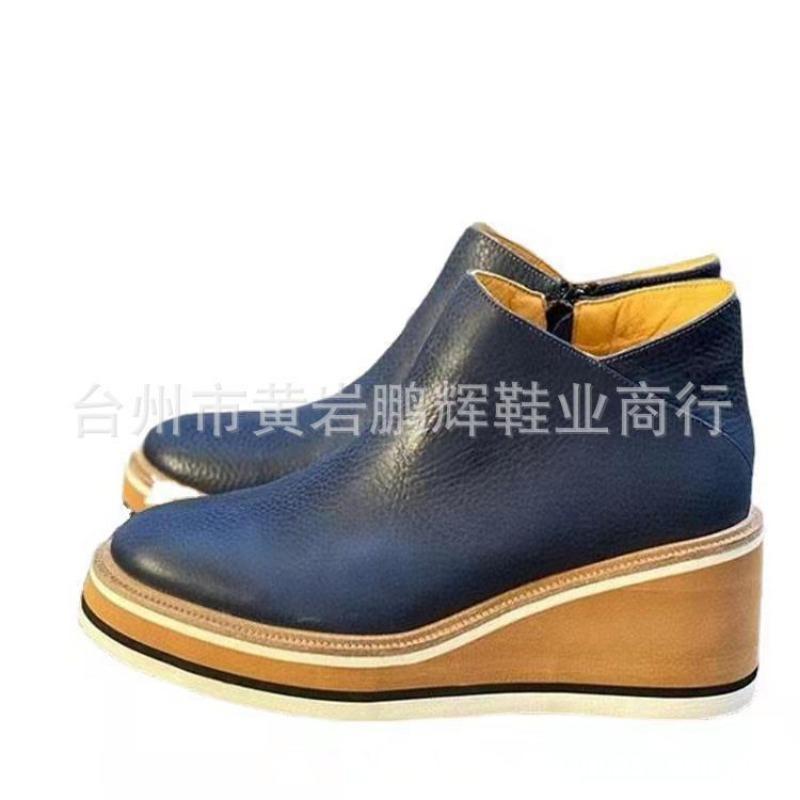 Large size slope heel short boots women's autumn and winter new flat bottom side zipper round head solid color bare boots thick-soled leather boots