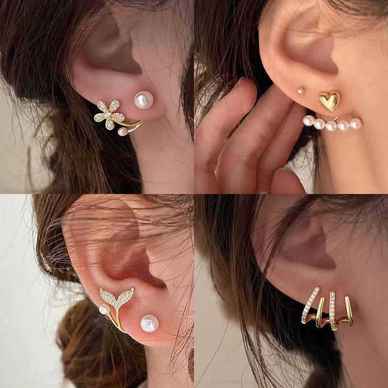 Koreanische Metall-Herz-Ohrstecker Fischschwanz-Perlen-Hängeohrringe für Damen Mädchen Kristall Eleganter Schmuck Geschenk