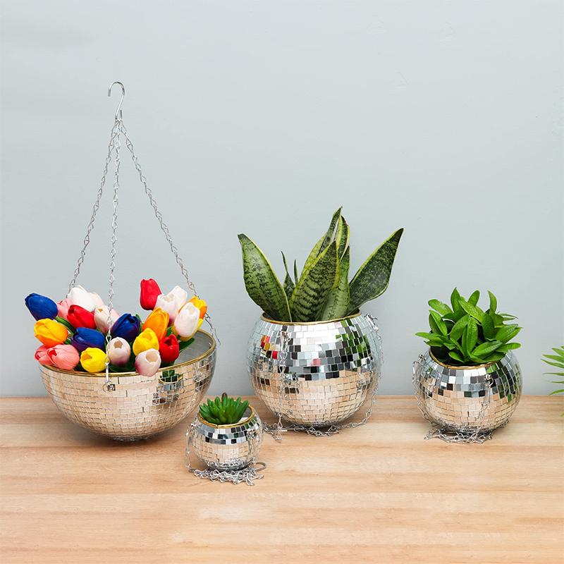 Disco Ball Planter Globe Shape Hanging Basket Vase Flower Planter Pots Rope Hanging Wall Home Dec Vase Container Room Decoration