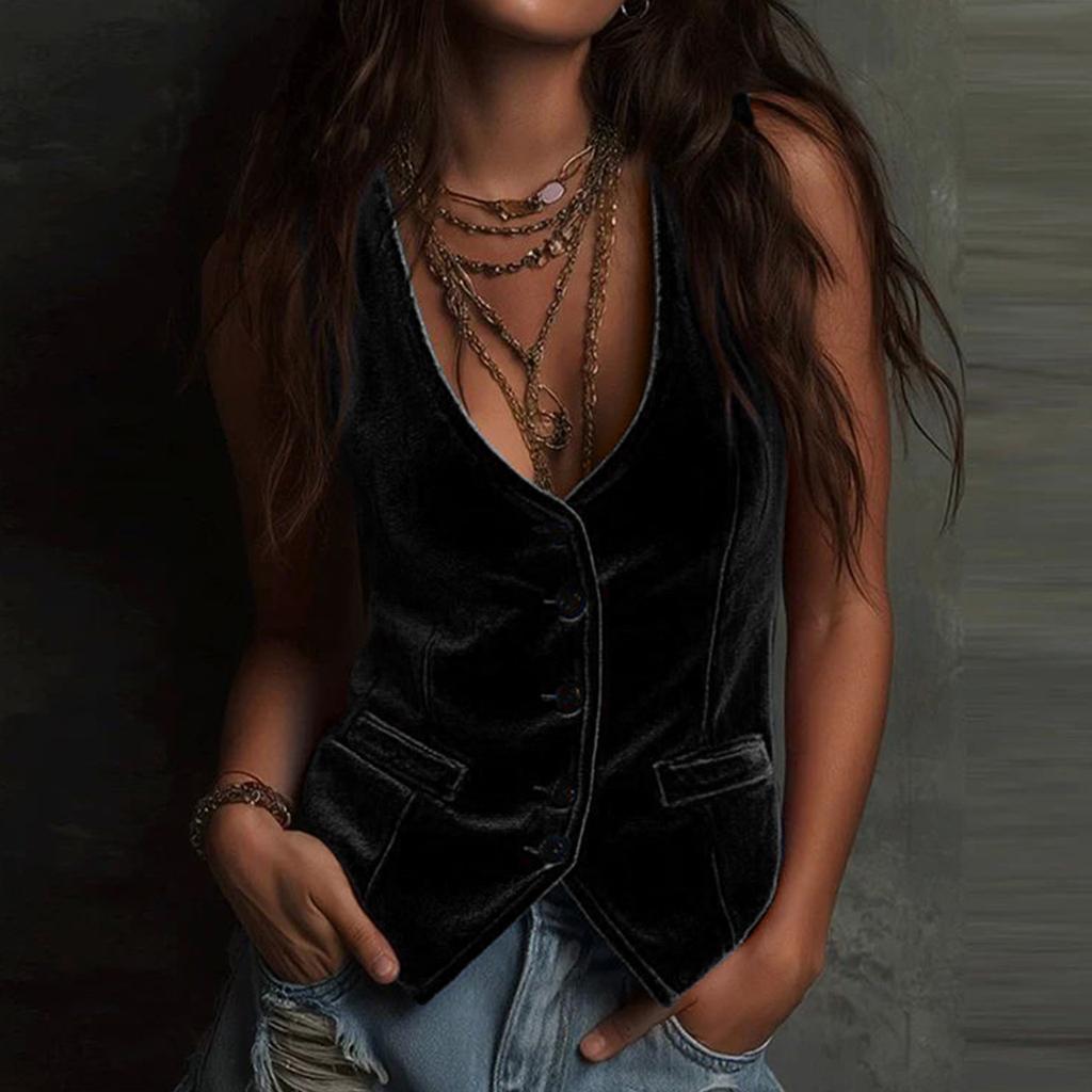 Women's Velvet Sleeveless Button Down Vest V-Neck Casual Solid Color Tank Tops