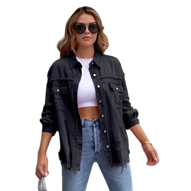 Holes Raw-edges Denim Jacket Women Spring Autumn Shirt Style Jeancoat Casual Top Outerwear Lady Coat