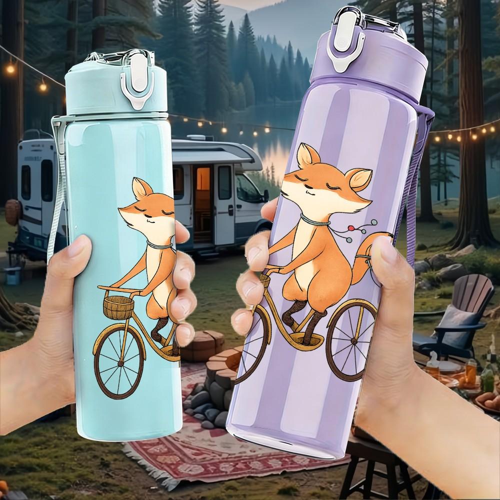 1PC Fox Riding Bicycle Art 750ml Color Plastic Sports Water Bottle Leakproof Flip Straw Lid Suitable for Sports Office Home Use