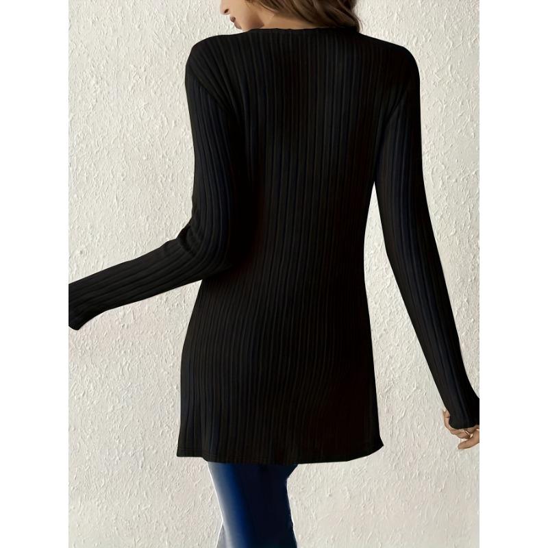 Women's Elegant Long-sleeve Striped Knit Top with V-neck T-shirt