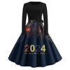 Women's Vintage Classic Dress Long Sleeve 2024 New Year Printed Ound Neck Swing Dress
