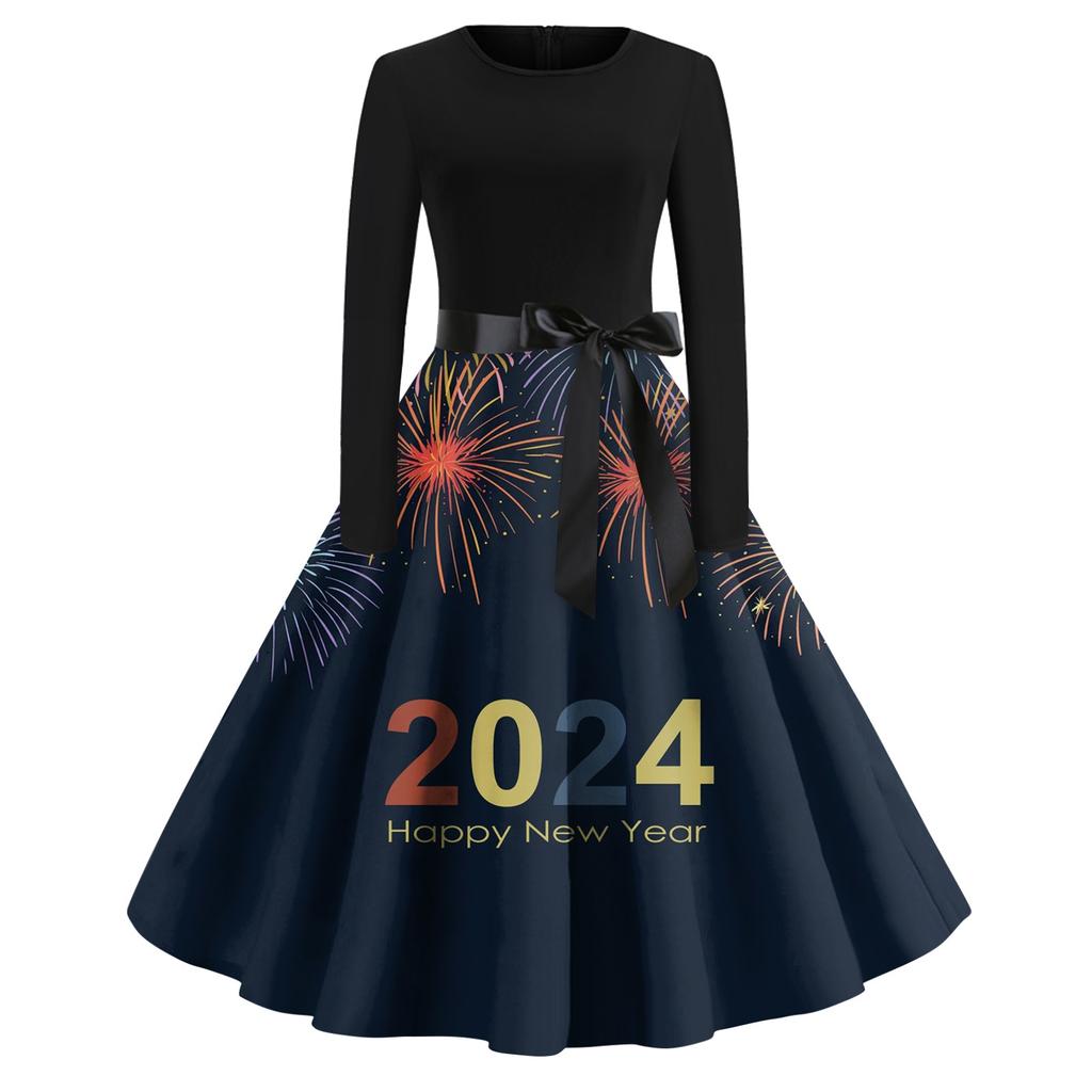 Women's Vintage Classic Dress Long Sleeve 2024 New Year Printed Ound Neck Swing Dress