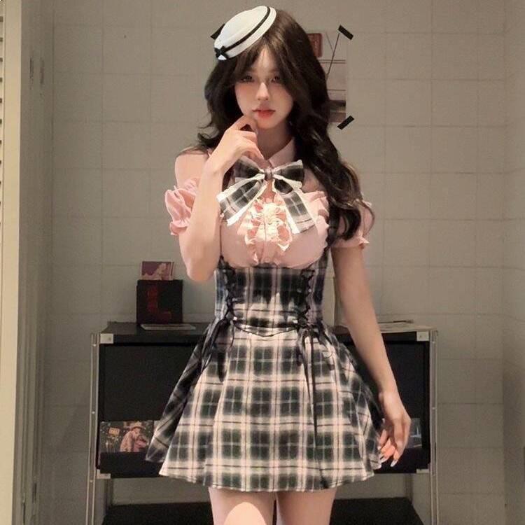 Sweetheart Academy Japanese-Style Waist-Cinching Short Sleeve Two-Piece Set