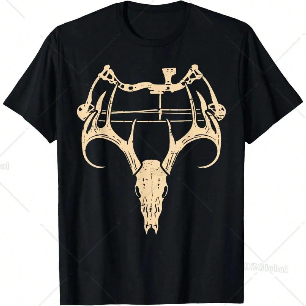 Deer Skull Compound Bow Retro Hunting Archery Dad Archer T-Shirt Fashion Black Casual T Shirt For unisex 100% Cotton Tees Tops